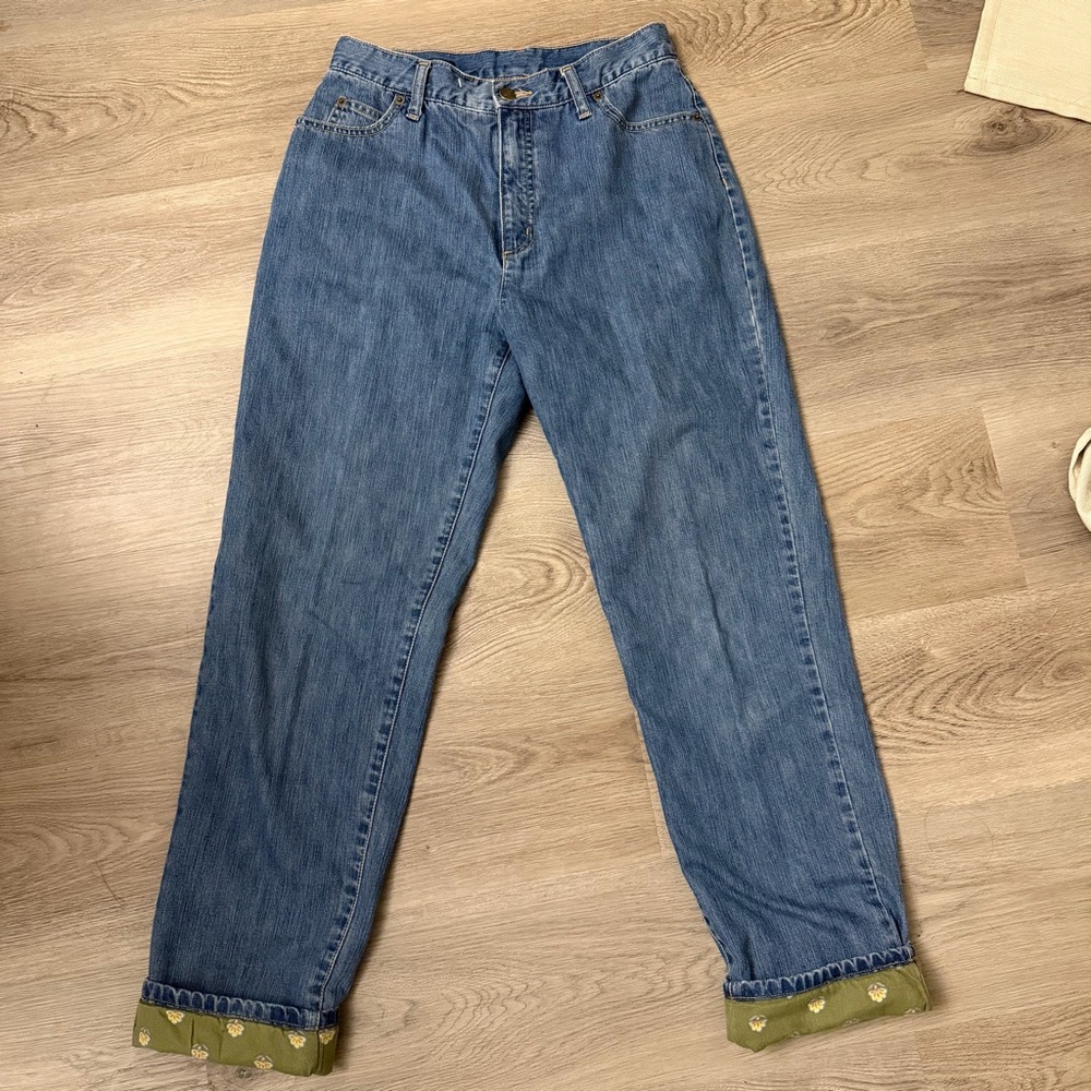 Vintage Lands' End Blue Denim with Green Floral Lining 100% Baumwolle
